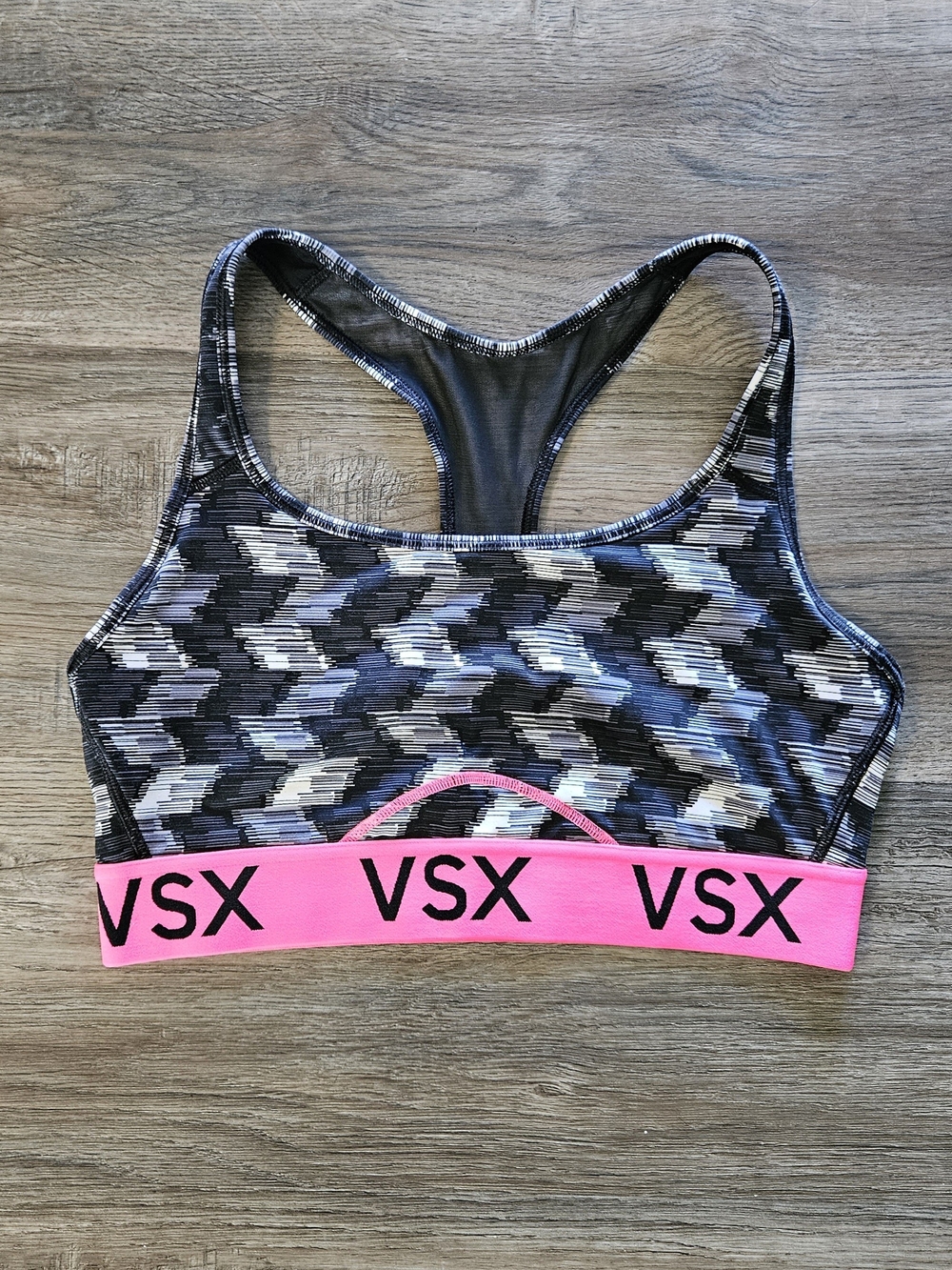 Victoria's Secret VSX Black/Gray/Pink Geometric Patterned Racerback Sports Bra